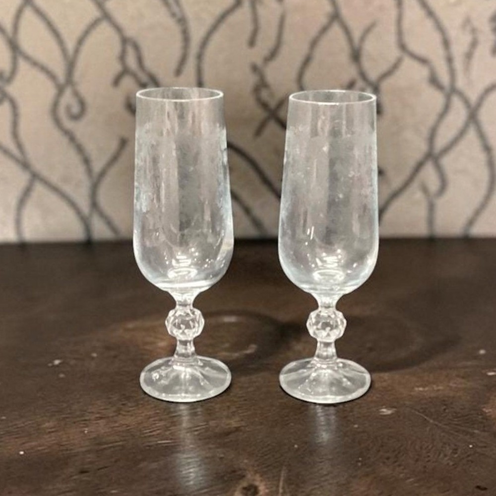 Bohemia Crystal Cascade Champagne Flutes, Set of 2, Vintage Etched Stemware